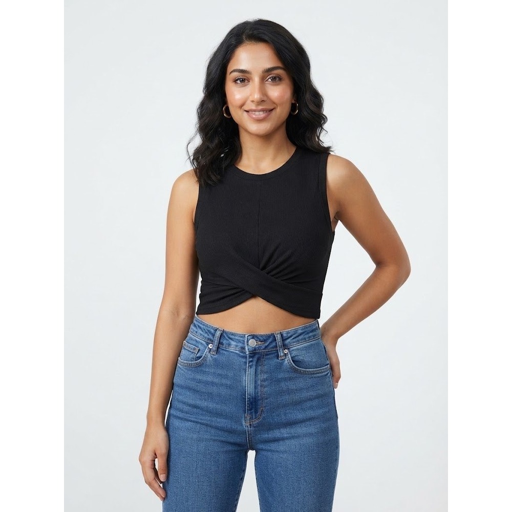 SHEIN Ribbed Twist Front Crop Tank Top Womens Small Black Excellent Sleeveless